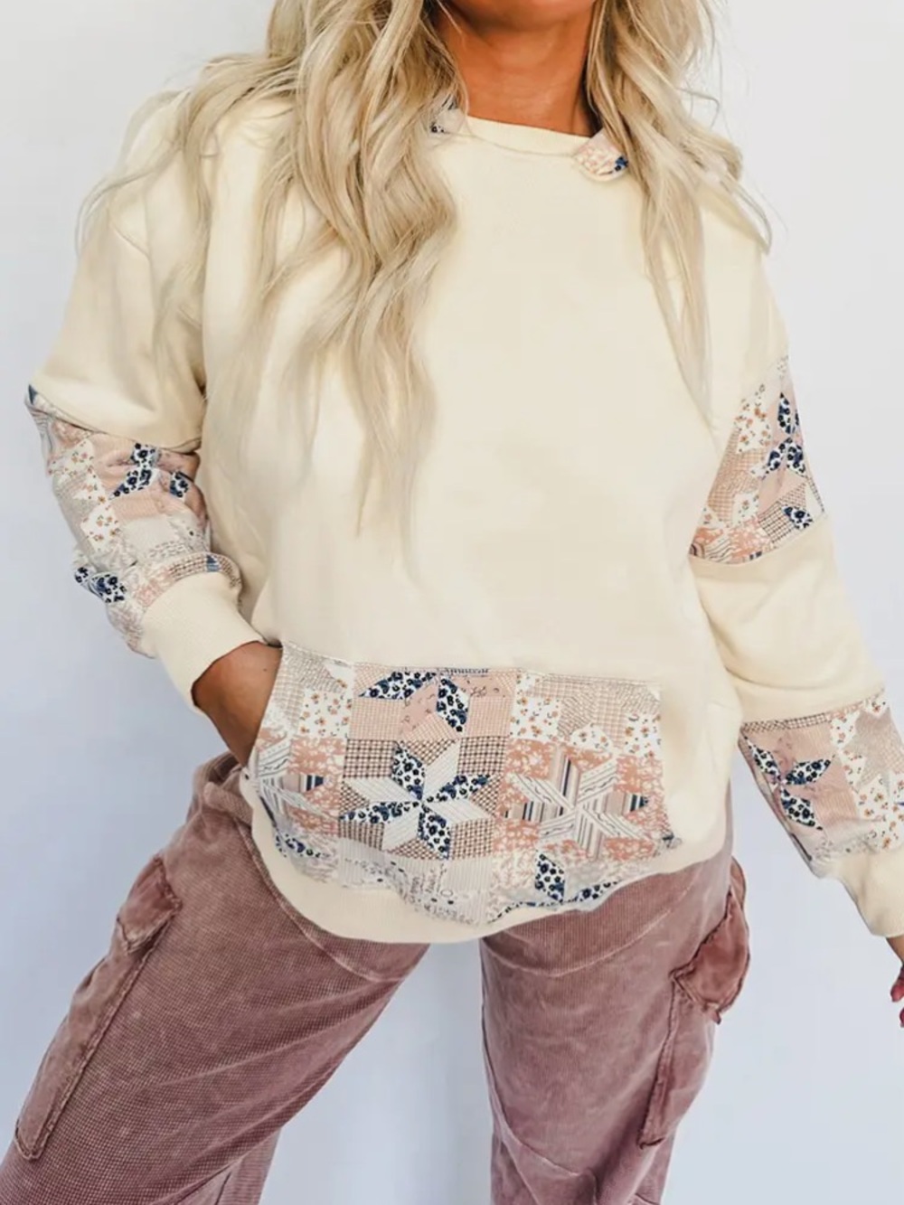 Cream Patchwork-Accent Pullover Hoodie with Kangaroo Pouch